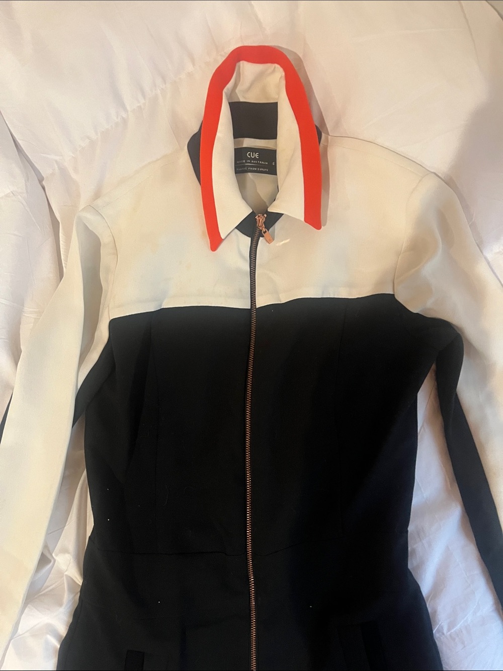 Cue Black and White Zip Dress with Red-Trim Collar